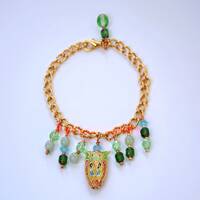 Cloisonné Owl Charm Bracelet: Beaded Dangles, Gold-Plated Chain