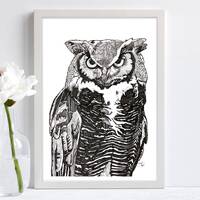 owl line drawing Print, glossy photo paper, fine liner, wall decor, wall art, home decor, gift for b