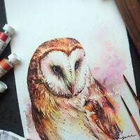 Barn owl - ORIGINAL watercolor painting 7.5x11 inches,Hand painted by Yui Chatkamol, barn owl charac