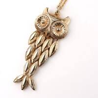 Vintage Owl Necklace, Movable Gold Owl Pendant, Whimsical Owl Jewelry Long Gold Chain, Antique Penda