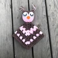 Crochet made to match pink and brown owl lovey security blanket.