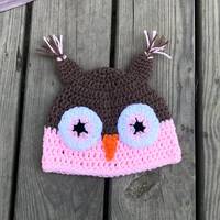 Crochet pink and brown owl beanie hat