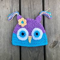 Crochet purple and blue owl beanie hat with yellow flower