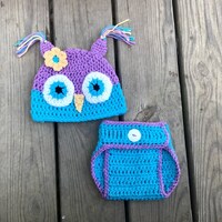 Crochet Owl Beanie and Diaper Cover Set: Blue & Purple