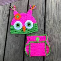 Crochet Owl Beanie and Diaper Cover Set: Pink & Green, Newborn Photo Prop