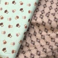 Owl Geometric Bumble garden 2 ply flannel fabric, aztec, Southwest, gray brown, owl diamond, cream, 