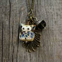 Owl Pendant Necklace Artisan Handmade Lampwork Oak Leaf Acorn Charm Pendant Autumn Fall SRA Handmade