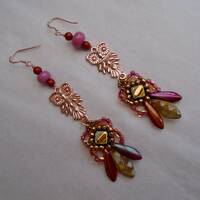Gold Owl Dangle Earrings: Beaded Lampwork Glass Charm Jewelry