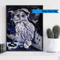 Barred Owl Art Print, Celestial Watercolor Starry Sky, Wisdom Bird of Prey Painting