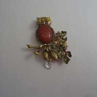 Owl Brooch with Enamel Accents and Rhinestones