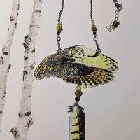 Great Horn Owl necklace  owl statement necklace  feather  swarovski crystals beaded necklace