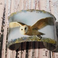 Barn Owl bracelet, owl cuff, mixed media  bracelet,beaded cuff bracelet