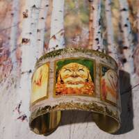 Owl bracelet, laughing owl cuff, mixed media  bracelet, gold leaf  birch cuff bracelet