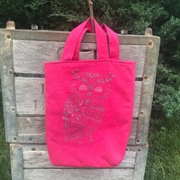 Pink sparkly owl tote bag, upcycled clothing, tshirt tote, use for knitting projects, or back to sch