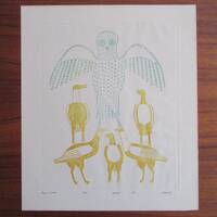 Owl & Geese - 1972 Jamasie Teevee 1910-1985 Inuit Printmaker - Signed