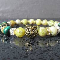 African Turquoise Owl Bracelet – Unisex Gemstone Jewelry Gift, Green Yellow Beaded Stone Brace