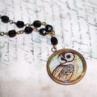 Owl Gold Necklace Cameo Handmade onyx beads green Retro Art Shabby Chic