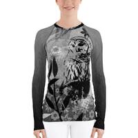 Black Grey White Owl and Flowers Women's Rash Guard, Long Sleeve Compression Fit Athletic Wear L