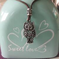 Owl wisdom pendant leather necklace,owl bird jewelry,sweet animal gift,spirit animal,power,little cu