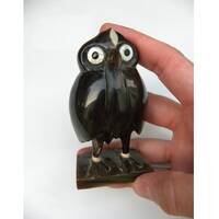 Black Horn Owl Figurine Hand Carved with MOP Eyes. Adorable Desk or Shelf Accessory