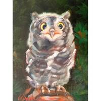 Baby Owl Oil Painting, Original Small 5x7 inch painting, Neutral Tones, Bird Painting