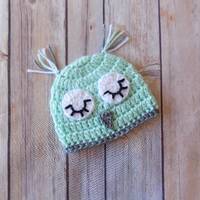 Mint Owl Hat, Light Green Owl Hat, Baby Owl Beanie, Micropreemie hat, Micro Preemie Hat, Sleeping Ow