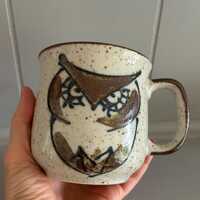 1970s Vintage Ceramic Owl Mug | Grumpy Brown Speckled Stoneware | 14oz Coffee or Tea Cup