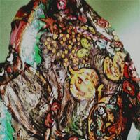 Hand-Painted Silk Scarf: Autumn Pumpkin, Owl, Rainbow (52.36" x 17.3")