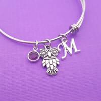 Owl - Silver Adjustable Bangle - Personalized Initial Bracelet - Swarovski Crystal Birthstone Jewelr