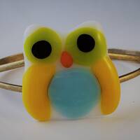 Fused Glass Owl Bracelet: Antique Brass Bangle, Whimsical Jewelry