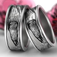 Sterling Silver Owl Wedding Ring Set, Owl Wedding Bands, Tree Bark Wedding Rings, Owl In Tree Weddin