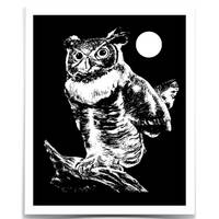 Great Horned Owl Art Print, Owl and moon Black and white, Christmas Gift, Bohemian Art