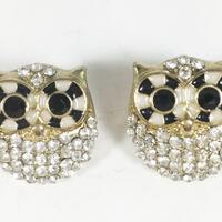 Rhinestone Owl Pierced Earrings Black White Eyes Gold Tone Bird Push Backs Audubon Theme Studs Gift 