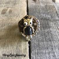 Vintage Rhinestone Owl Statement Ring, Upcycled Assemblage Jewelry