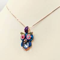 Rose Gold Multi Colored Owl Necklace; 925 Sterling & Rose Owl Charm; Blue Pave Owl Necklace; Ros