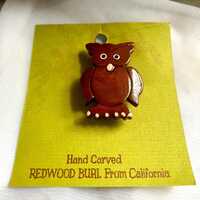 Vintage Hand Carved Californian Redwood Owl Pin by Niblick