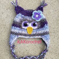 Purple Owl Hat, crocheted girls owl hat with braids, winter hats and caps; toddler thru adult sizing