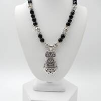 Ornate Silver Owl Pendant Necklace: Black Onyx Beads, 19 Inches