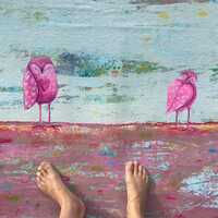 Hand-Painted Abstract Floorcloth: Owl Pink, Blue, Green - Waterproof Canvas Art