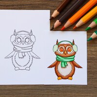 Adorable owl digistamp/Cute owl with scarf digital stamp/Instant download printable coloring page/Cu