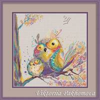 Whimsical owls cross stitch pattern PDF – funky birds embroidery for DIY nature-inspired decor