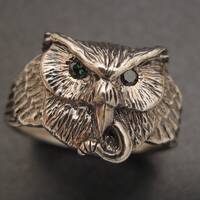 Sterling Silver Owl Ring with Diamond Eyes