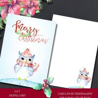 Christmas Owl Card, Christmas Card, Christmas Greeting Card, Digital Cards, Printable Cards, Merry C