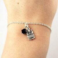 Owl Bracelet- choose a birthstone, Owl Jewelry, Owl Gift, Owl Accessories, Owl Charm Bracelet, Silve
