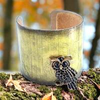 Vintage handmade green cuff bracelet with owl