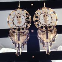 Beaded Dream Catcher Owl Earrings with Beaded Fringe