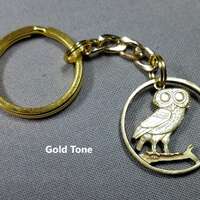 Owl Key Chain, Greek 2 Drachma Coin, Hand Cut Coin Jewelry, Key Chain Fob, Coin Key Chain, Coin Key 