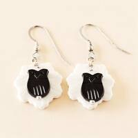 Vintage Black Plastic Owl and White Lucite Leaf Earrings, Woodland Kitsch