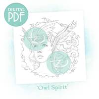 Digital Coloring Page - Owl Spirit Fantasy Portrait Adult Coloring Printable PDF