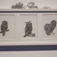 Owl Linocut Trio set of three original wood cuts barred owl great horned owl burrowing owl